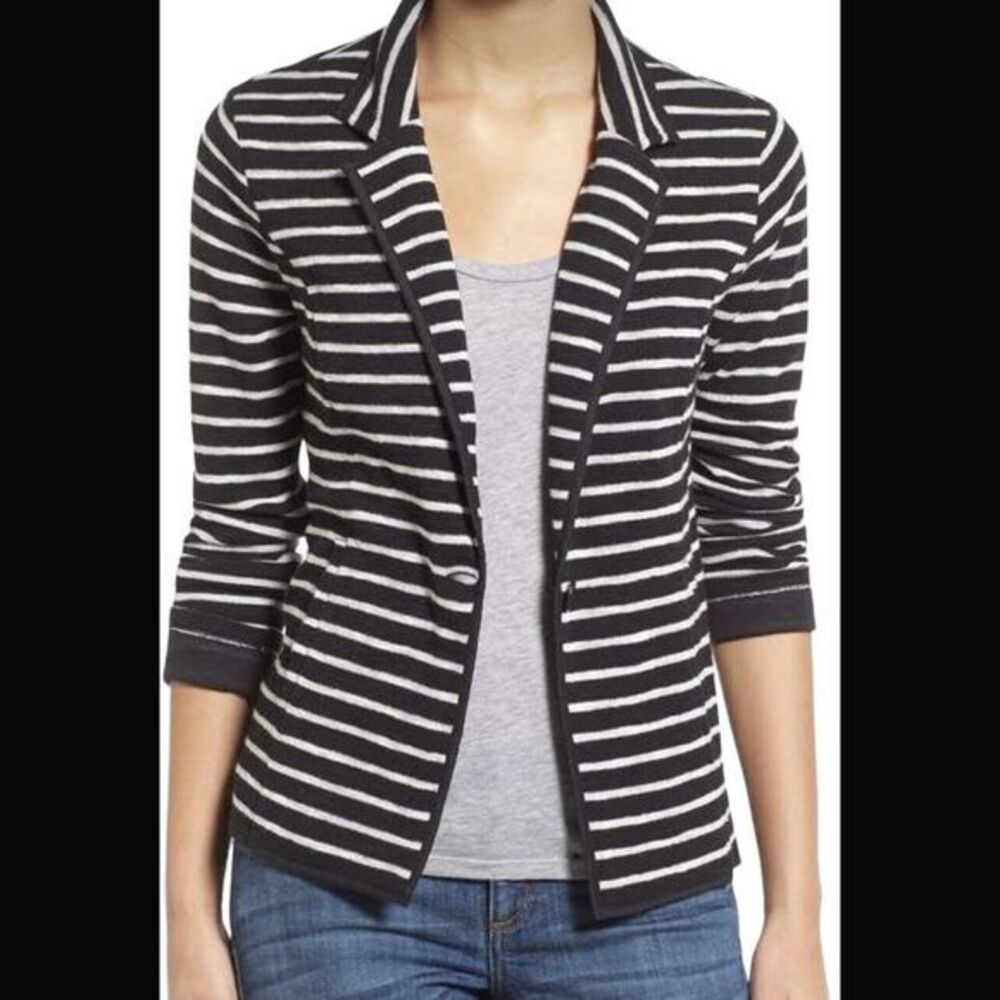 Caslon Womens Knit Blazer One Button Size XS Striped Jacket Collar Sweater